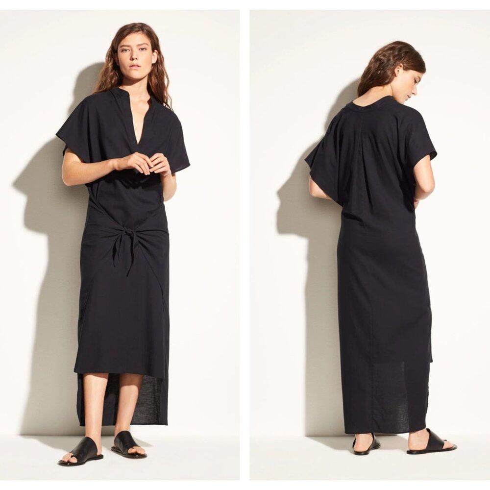 VINCE Wrap Tie Front Cotton Maxi Dress Gauze Black {FF44}